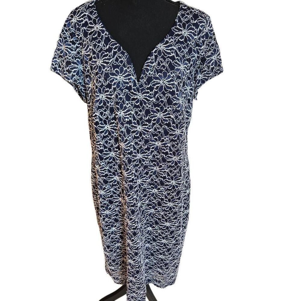 Roz & Ali Womens Floral Sequin Embellished Lace Sheath Dress Navy Blue Sz 16